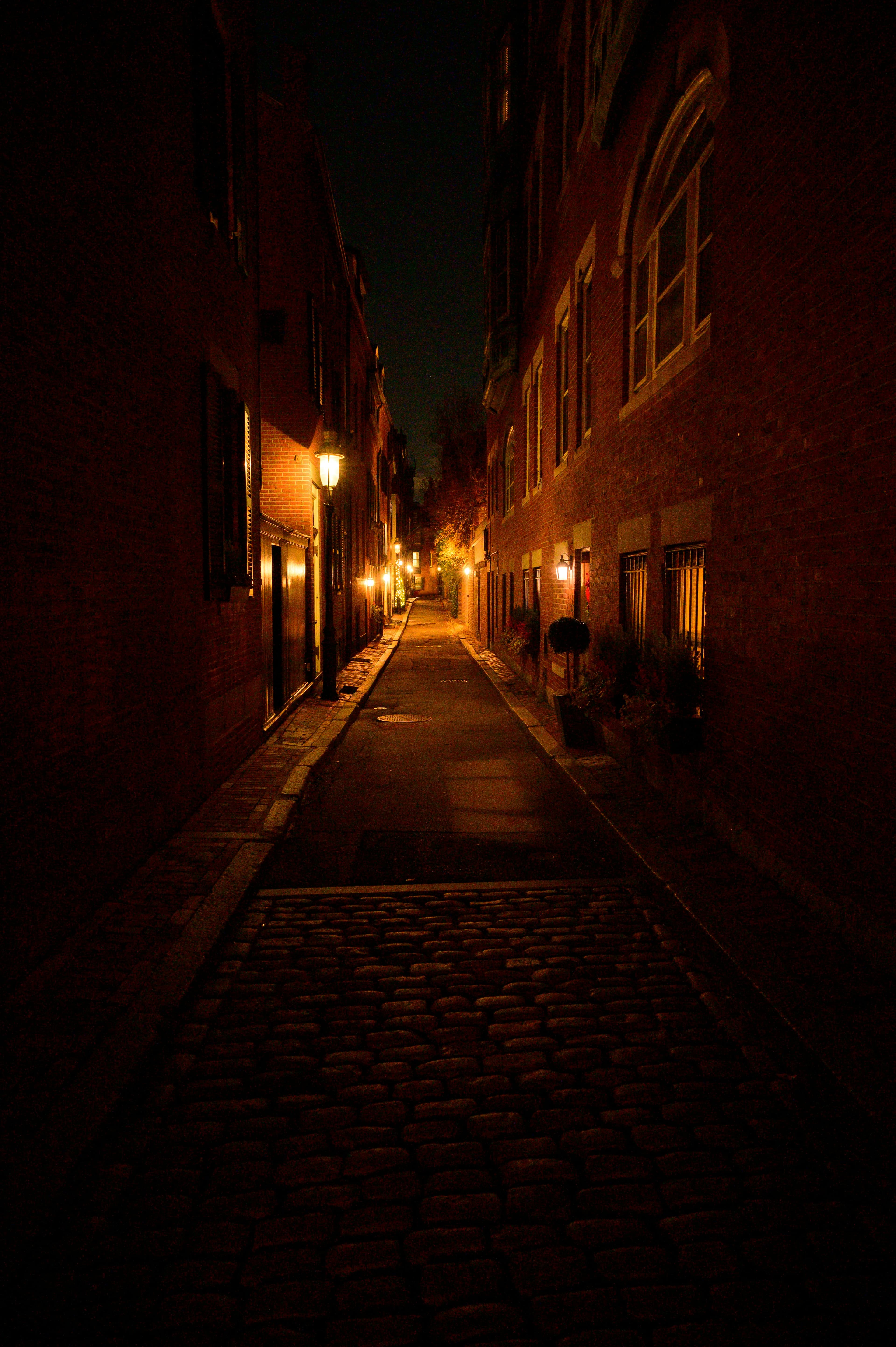 A quiet city street at night